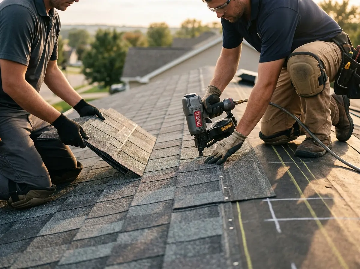 Professional roofer working on a residential roof in Rossford
